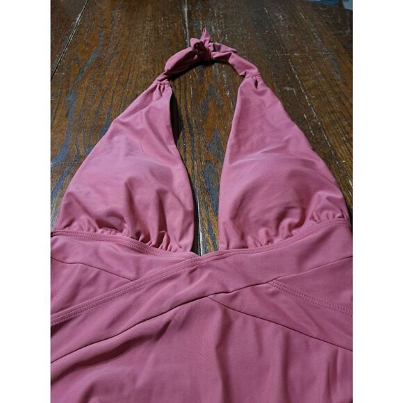 6 Zaful Pink Brick Red Halter Neck Deep Plunge One Piece Swimsuit Bathing Suit - Picture 6 of 10